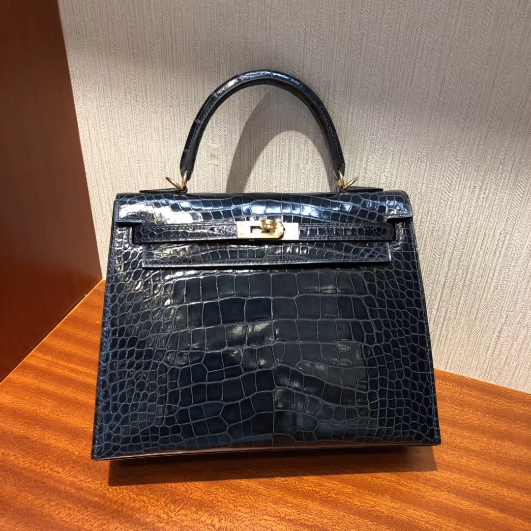愛馬仕凱莉包Hermes CK81斑鳩灰Kelly 25cm 亮面方塊美洲鱷魚金扣