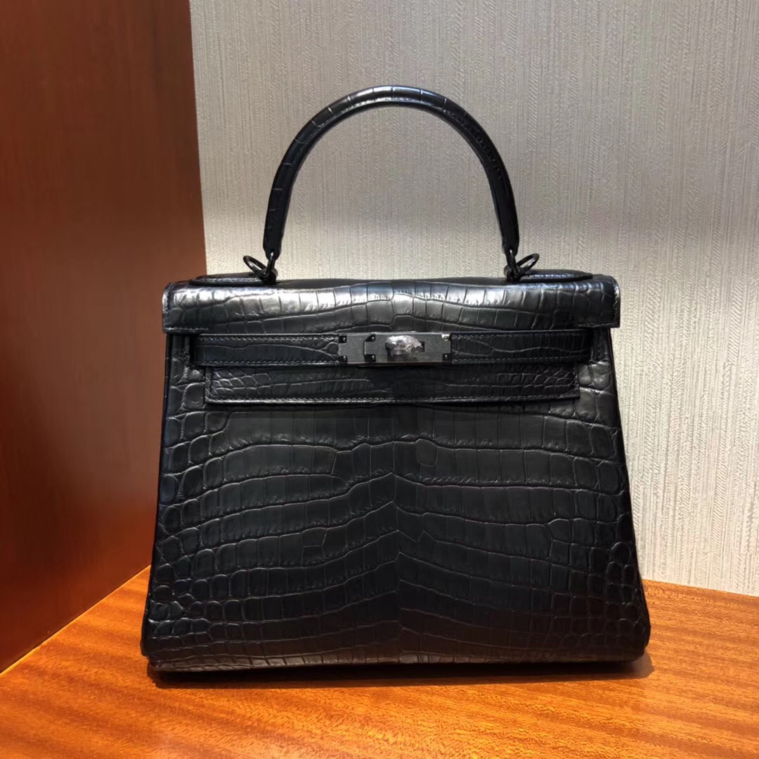 愛馬仕kelly價格 愛馬仕凱莉包 Hermes Kelly 28cm 霧面兩點黑色鱷魚皮 黑扣