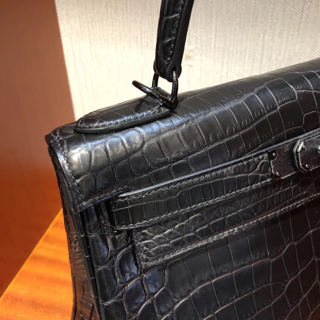 愛馬仕kelly價格 愛馬仕凱莉包 Hermes Kelly 28cm 霧面兩點黑色鱷魚皮 黑扣