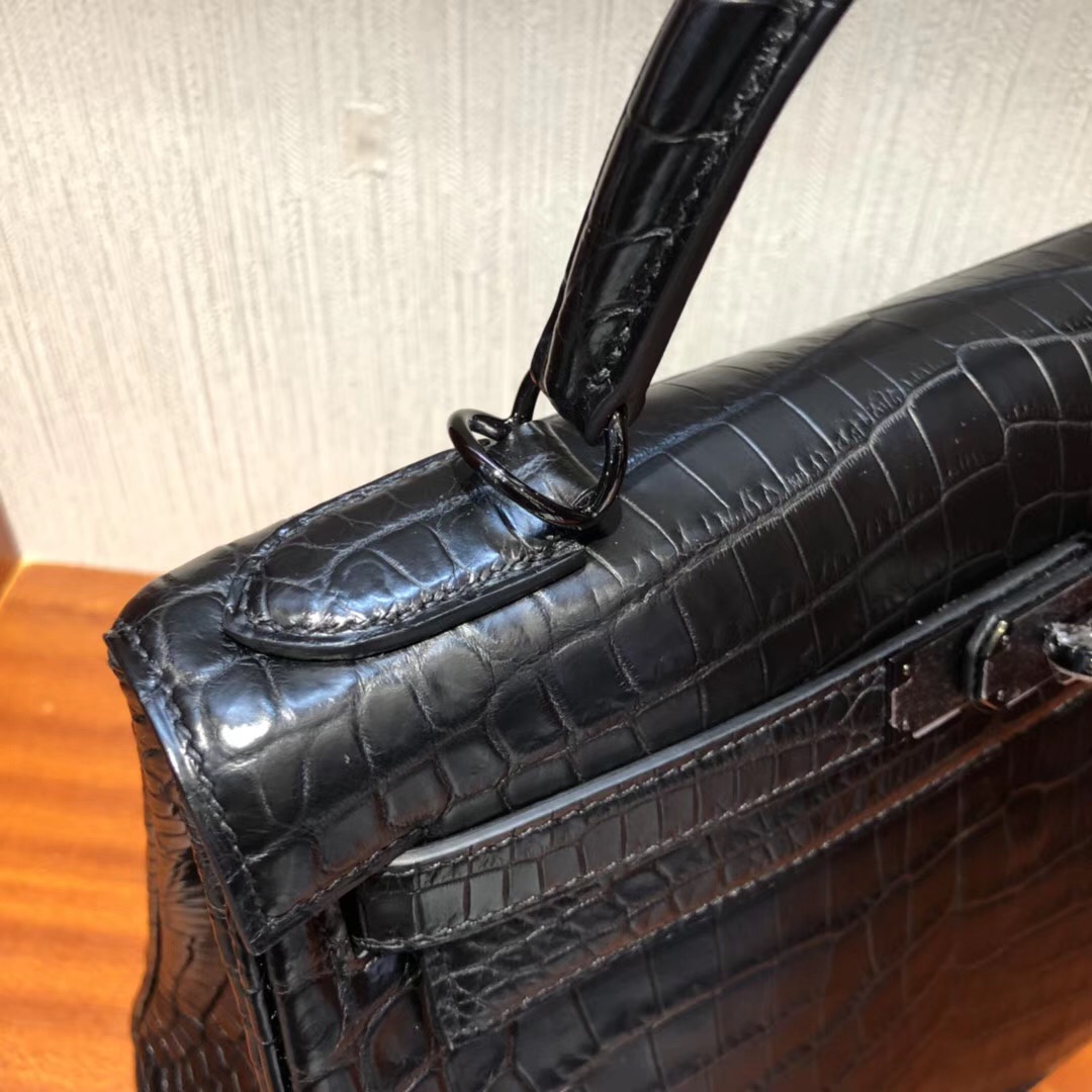 愛馬仕kelly價格 愛馬仕凱莉包 Hermes Kelly 28cm 霧面兩點黑色鱷魚皮 黑扣