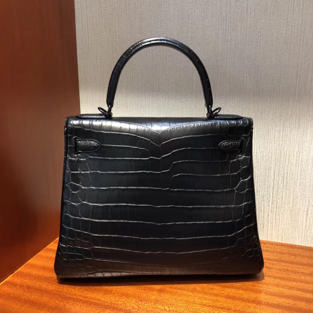 愛馬仕kelly價格 愛馬仕凱莉包 Hermes Kelly 28cm 霧面兩點黑色鱷魚皮 黑扣