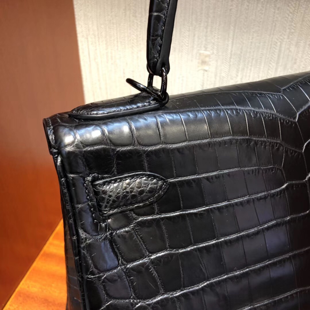 愛馬仕kelly價格 愛馬仕凱莉包 Hermes Kelly 28cm 霧面兩點黑色鱷魚皮 黑扣