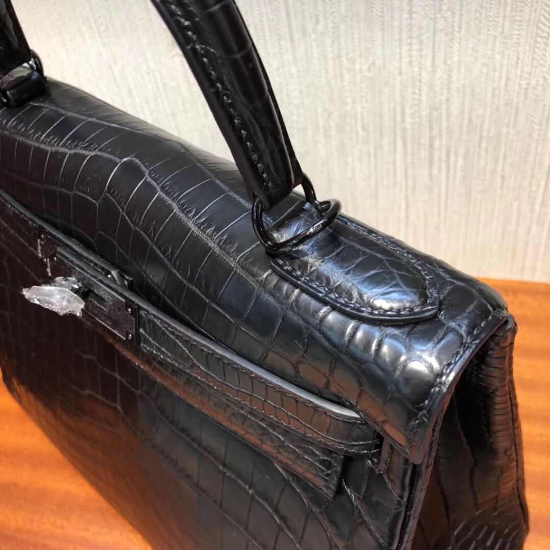 愛馬仕kelly價格 愛馬仕凱莉包 Hermes Kelly 28cm 霧面兩點黑色鱷魚皮 黑扣