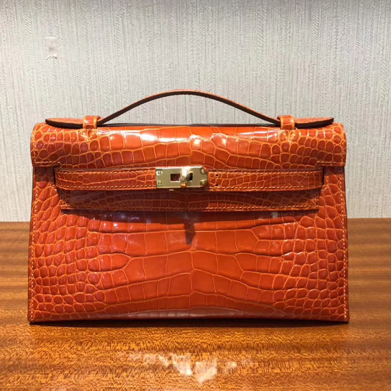 開箱愛馬仕迷你凱莉包 Hermes Minikelly Pochette 22 9J火焰橙 方塊美洲鱷魚金扣