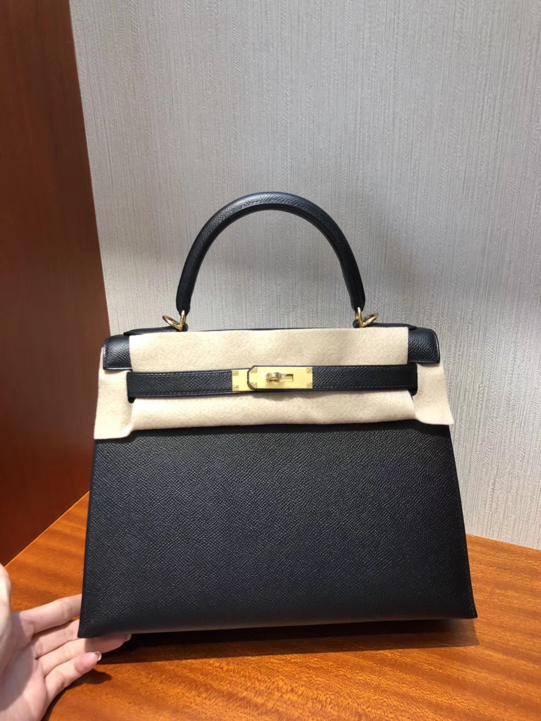 HERMES經典款鉑金和kelly Hermes Kelly 28 Epsom CK89黑色手掌紋金扣