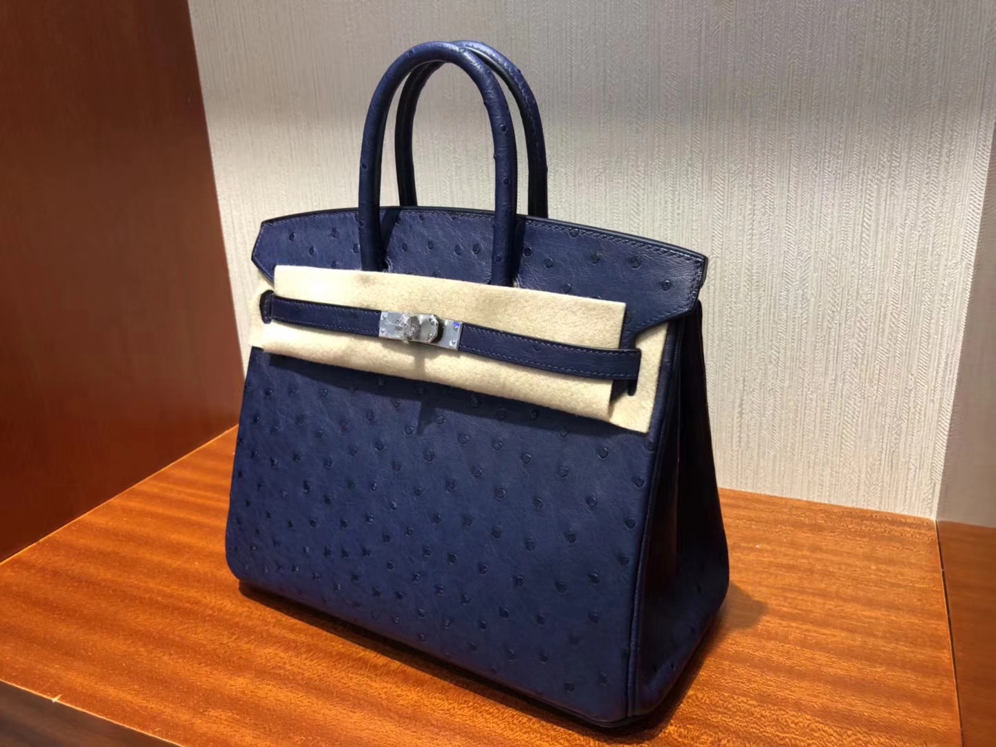 Hermes Birkin Bag 25cm鴕鳥皮Ostrich 7K深海藍 73寶石藍銀扣