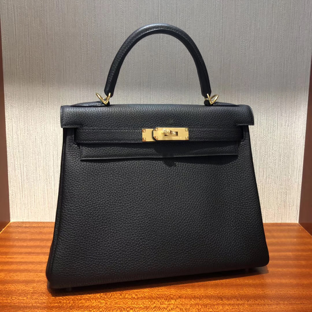 愛馬仕凱莉包細節圖Hermes Kelly 28cm CK89黑色Togo小牛皮 金扣