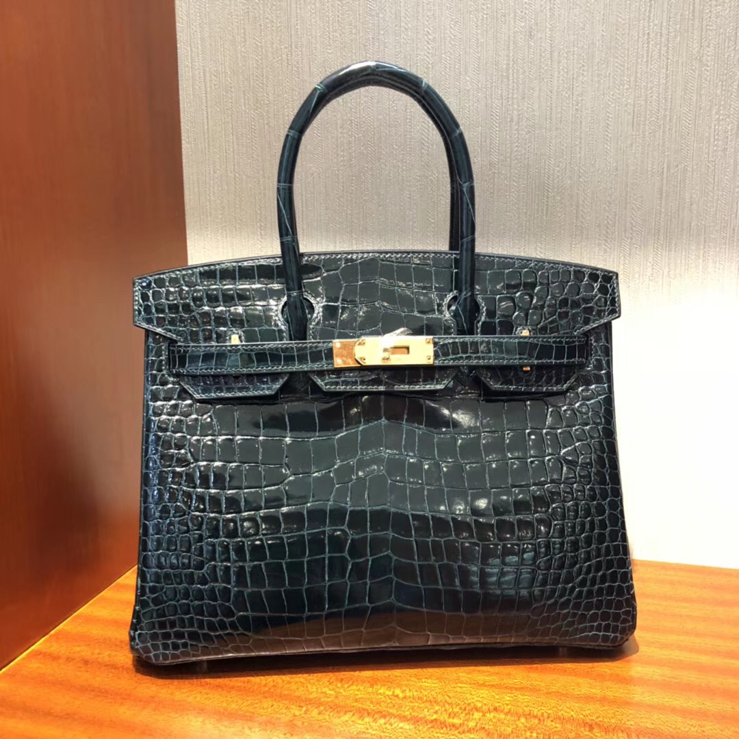 愛馬仕鱷魚皮鉑金包Hermes Birkin 30 1P鴨子藍亮面倒V 野生灣鱷金扣