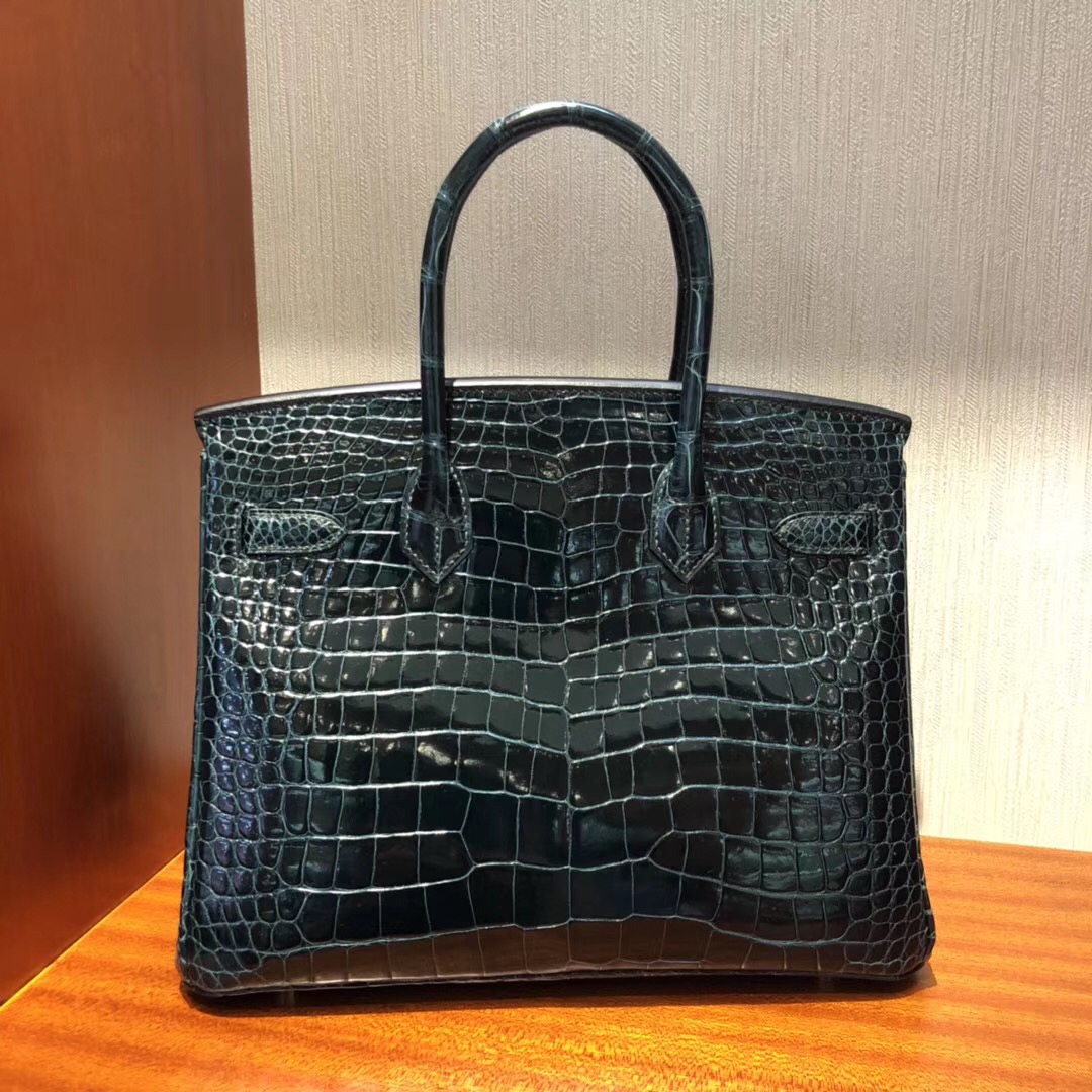 愛馬仕鱷魚皮鉑金包Hermes Birkin 30 1P鴨子藍亮面倒V 野生灣鱷金扣