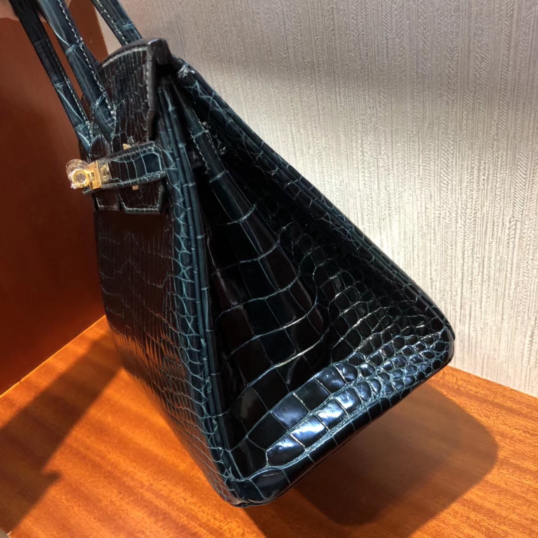 愛馬仕鱷魚皮鉑金包Hermes Birkin 30 1P鴨子藍亮面倒V 野生灣鱷金扣