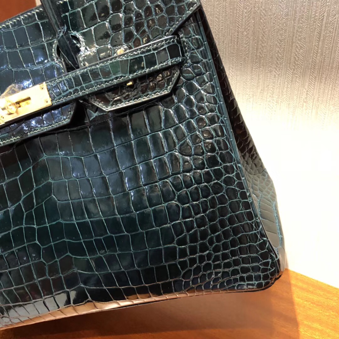 愛馬仕鱷魚皮鉑金包Hermes Birkin 30 1P鴨子藍亮面倒V 野生灣鱷金扣