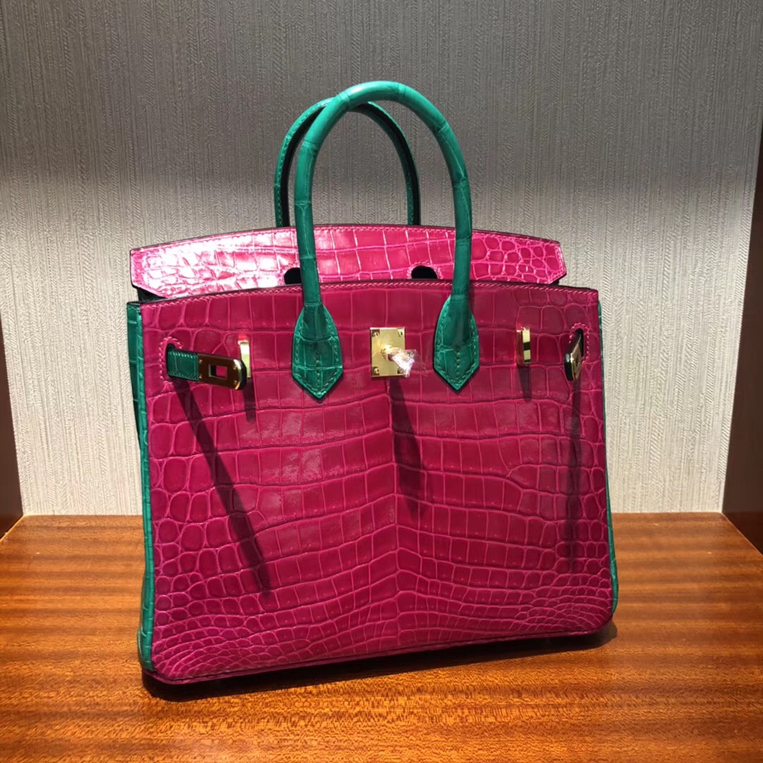 Hermes Birkin 25cm J5天方夜譚粉紫/6Q翡翠綠雙拼色 亮面兩點 尼羅鱷魚金扣