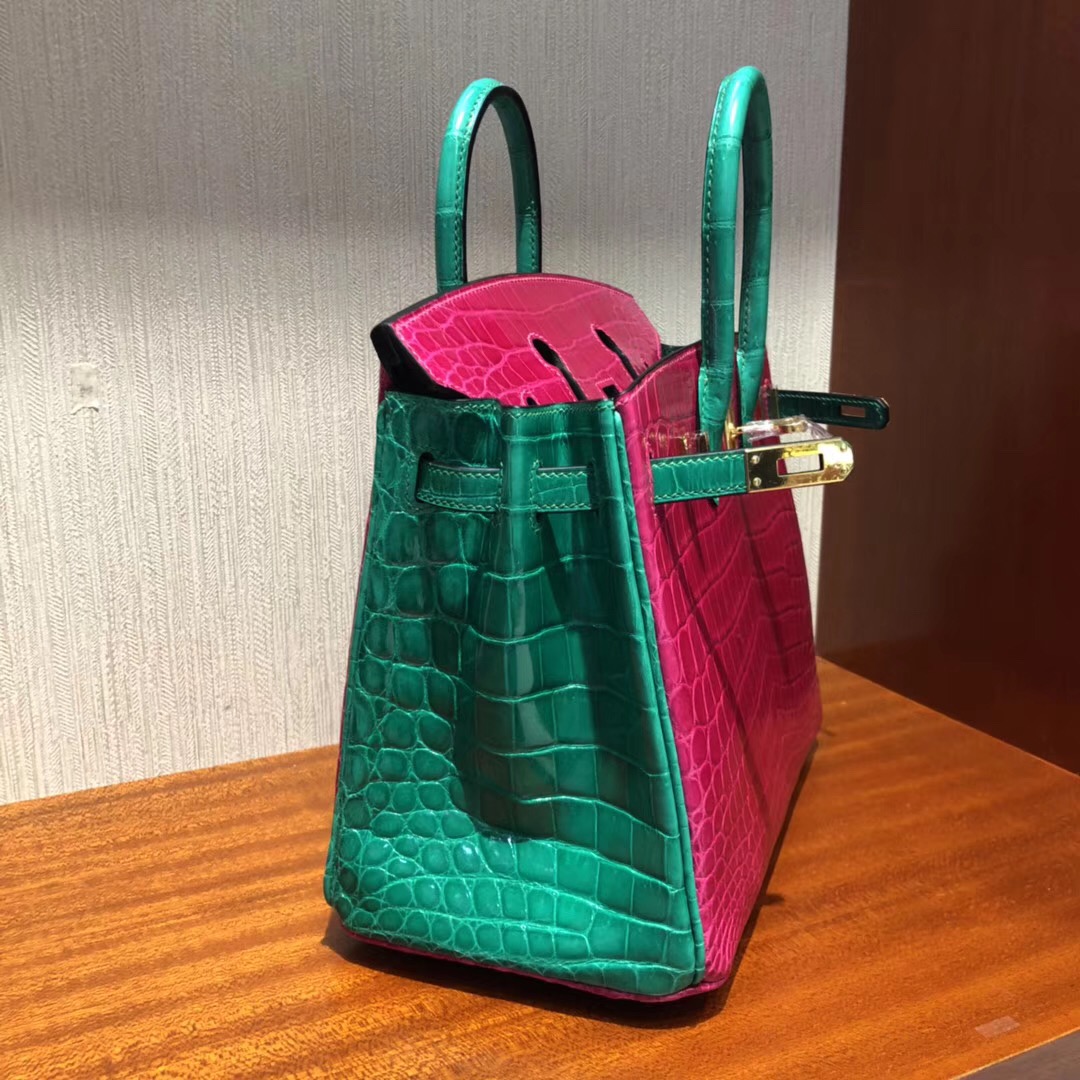 Hermes Birkin 25cm J5天方夜譚粉紫/6Q翡翠綠雙拼色 亮面兩點 尼羅鱷魚金扣