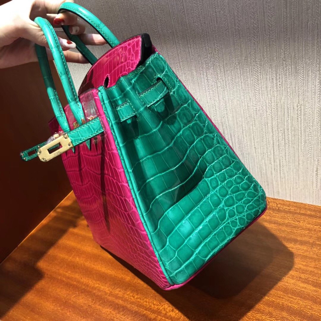 Hermes Birkin 25cm J5天方夜譚粉紫/6Q翡翠綠雙拼色 亮面兩點 尼羅鱷魚金扣