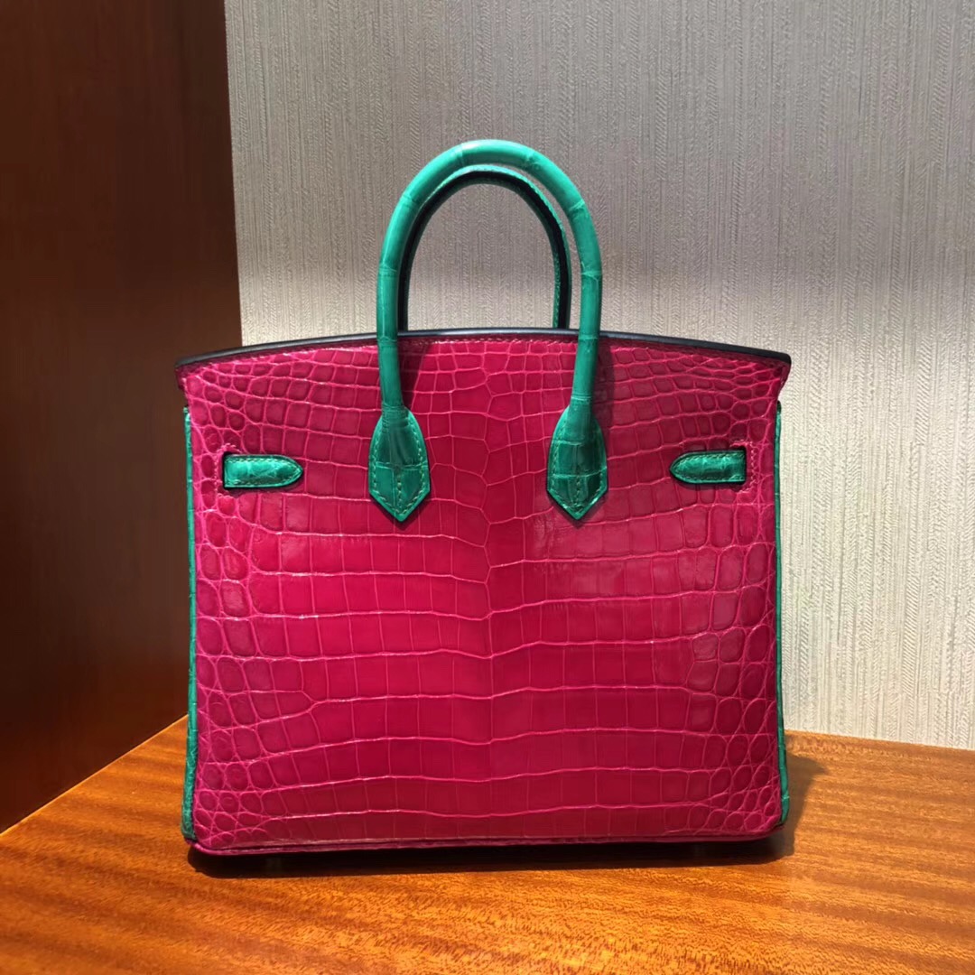 Hermes Birkin 25cm J5天方夜譚粉紫/6Q翡翠綠雙拼色 亮面兩點 尼羅鱷魚金扣