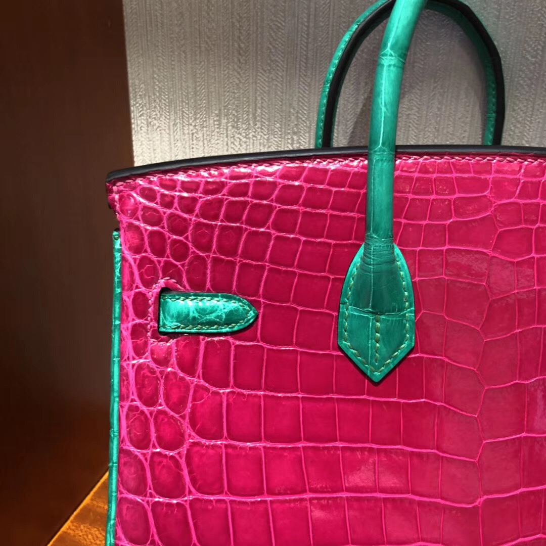 Hermes Birkin 25cm J5天方夜譚粉紫/6Q翡翠綠雙拼色 亮面兩點 尼羅鱷魚金扣