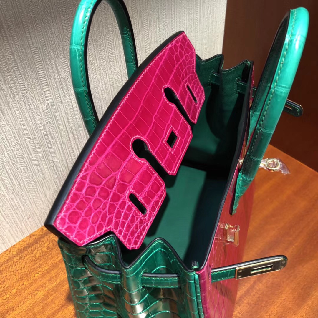 Hermes Birkin 25cm J5天方夜譚粉紫/6Q翡翠綠雙拼色 亮面兩點 尼羅鱷魚金扣