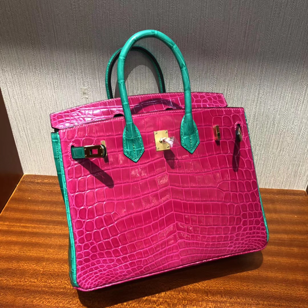 Hermes Birkin 25cm J5天方夜譚粉紫/6Q翡翠綠雙拼色 亮面兩點 尼羅鱷魚金扣