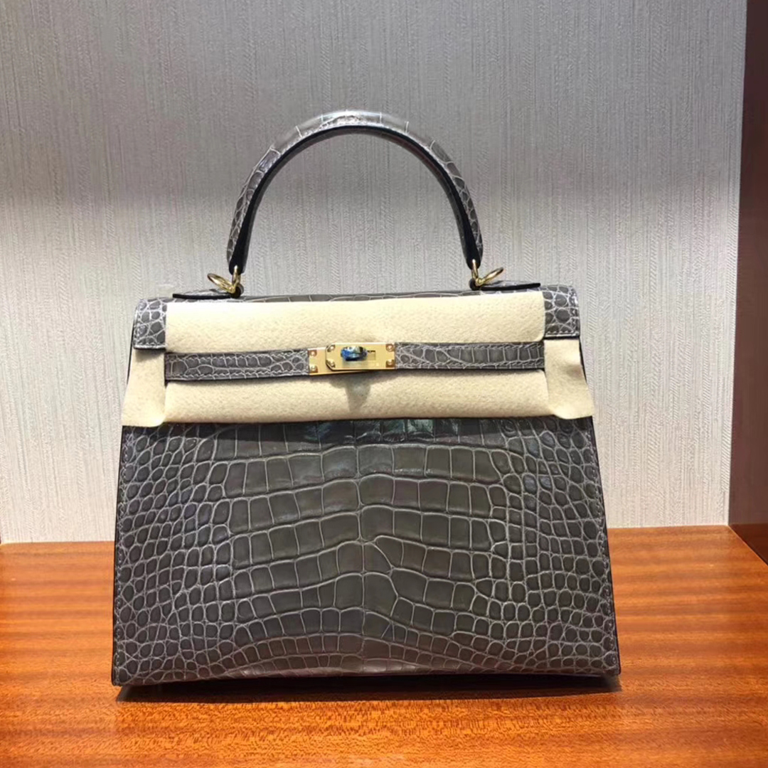 爱马仕外縫凯莉包 Hermes Kelly 25cm CK81斑鳩灰 亮面方塊 美洲鱷魚