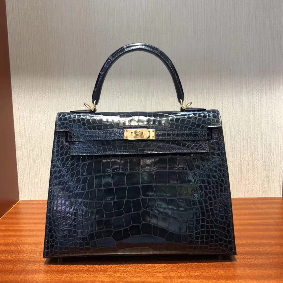 愛馬仕外縫凱莉包 Hermes Kelly 25cm 7K寶石藍 亮面鱷魚皮 金扣