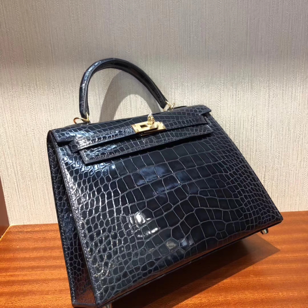 愛馬仕外縫凱莉包 Hermes Kelly 25cm 7K寶石藍 亮面鱷魚皮 金扣