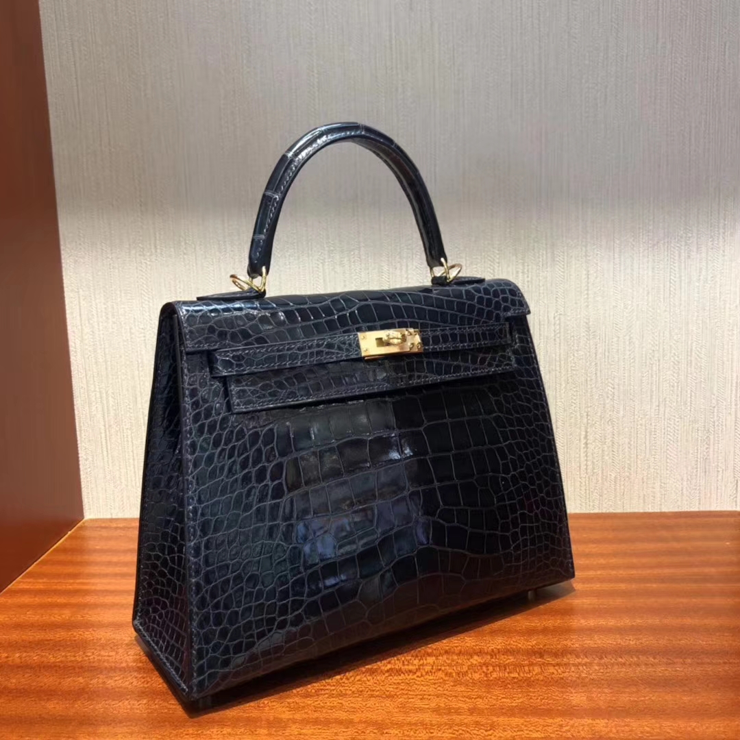 愛馬仕外縫凱莉包 Hermes Kelly 25cm 7K寶石藍 亮面鱷魚皮 金扣