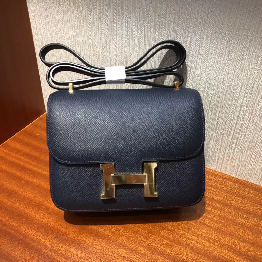 愛馬仕康康空姐包尺寸 Hermes Constance CC67深海藍18cm 金扣Epsom手掌紋