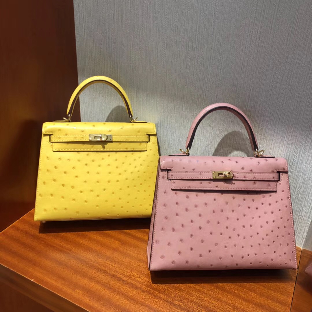 愛馬仕吉隆坡機場專賣店Hermes Kelly 25cm 南非鴕鳥皮 cc94陶瓷粉 金扣