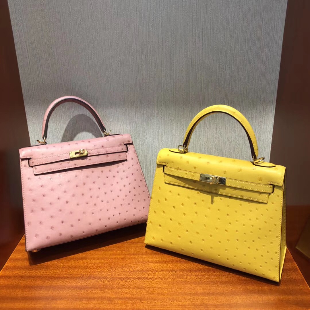 愛馬仕吉隆坡機場專賣店Hermes Kelly 25cm 南非鴕鳥皮 cc94陶瓷粉 金扣