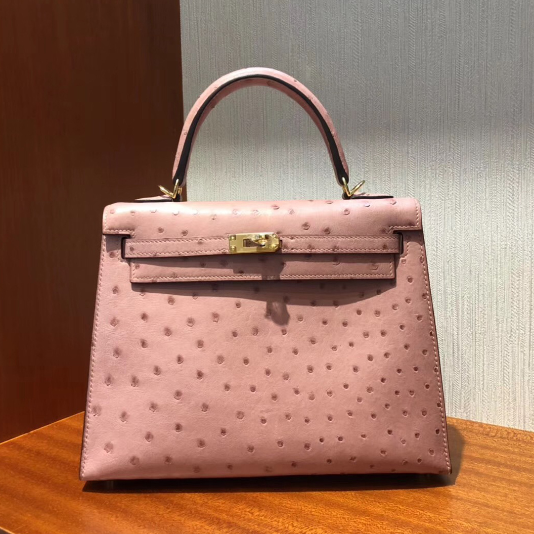 愛馬仕吉隆坡機場專賣店Hermes Kelly 25cm 南非鴕鳥皮 cc94陶瓷粉 金扣