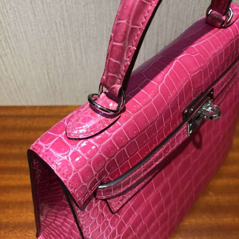 愛馬仕外縫凱莉包 Hermes 蜜桃粉Kelly 25 亮面倒V 野生灣鱷 稀有灣鱷
