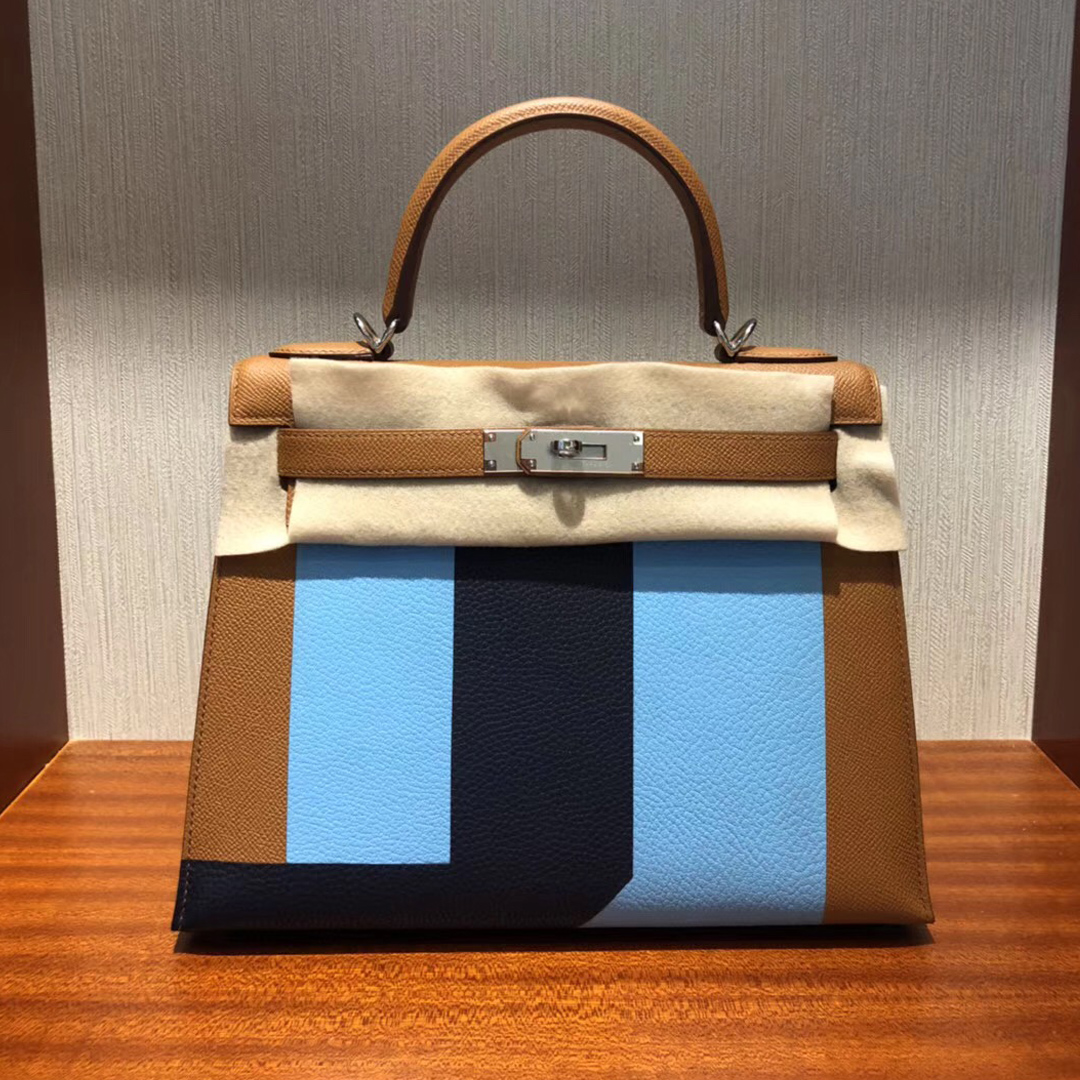 愛馬仕凱莉包Hermes Kelly sellier 28字母包S 三拼色 金棕色拼 糖果蓝 拼 午夜蓝 银扣