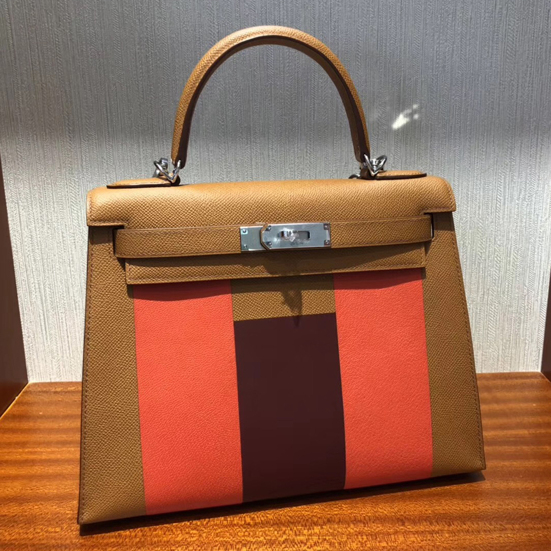 Hermes Kelly Sellier 28 字母包H 三拼色epsom金棕色 拼火焰橙 拼愛馬仕紅 銀扣