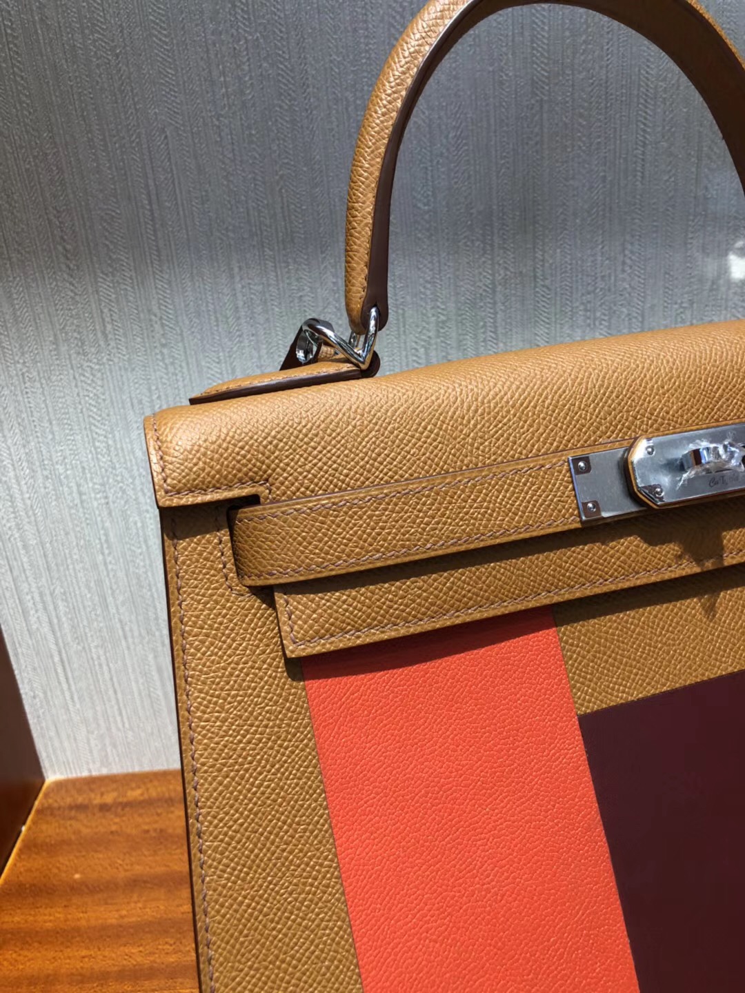 Hermes Kelly Sellier 28 字母包H 三拼色epsom金棕色 拼火焰橙 拼愛馬仕紅 銀扣