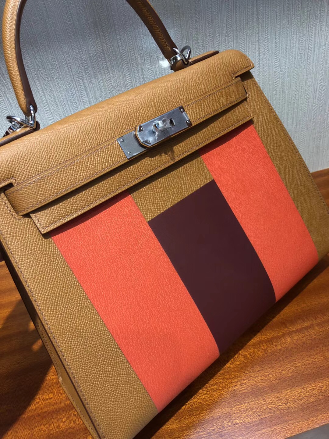 Hermes Kelly Sellier 28 字母包H 三拼色epsom金棕色 拼火焰橙 拼愛馬仕紅 銀扣