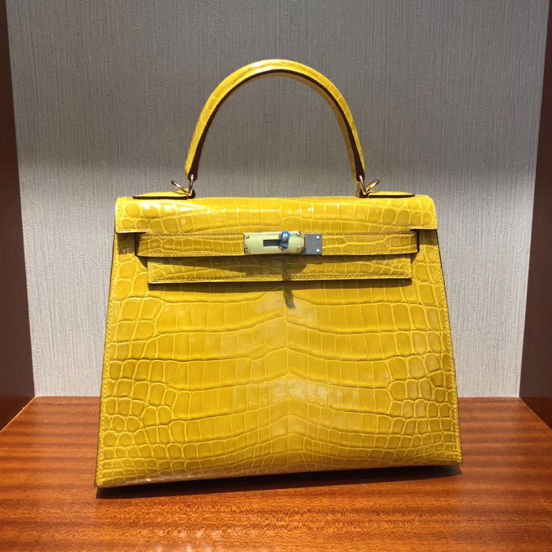 愛馬仕女包凱莉包價格Hermes Kelly 28 9D琥珀黃亮面兩點尼羅鱷魚 金扣