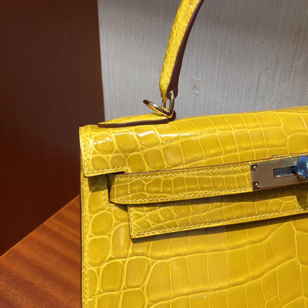 愛馬仕女包凱莉包價格Hermes Kelly 28 9D琥珀黃亮面兩點尼羅鱷魚 金扣