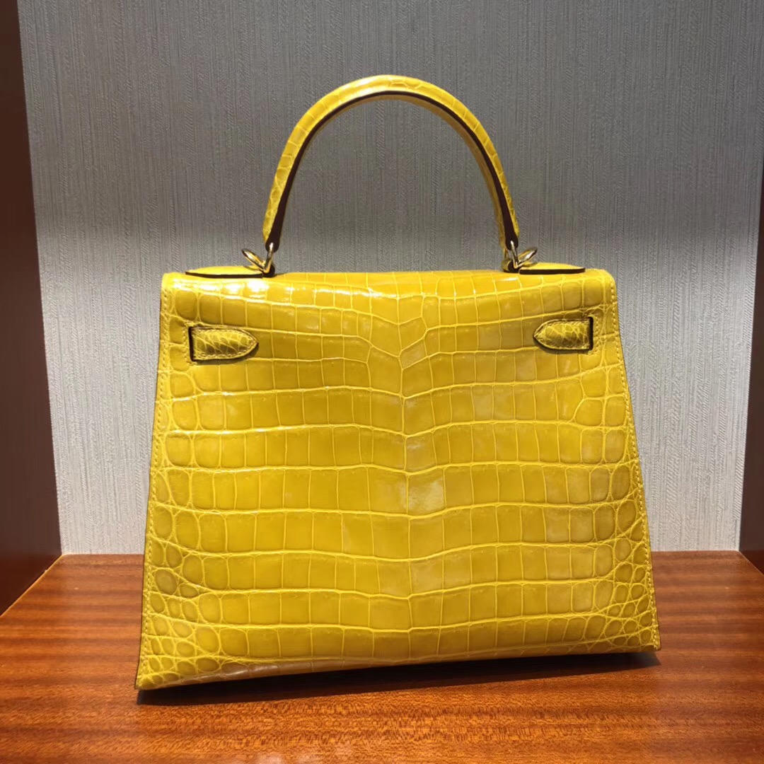 愛馬仕女包凱莉包價格Hermes Kelly 28 9D琥珀黃亮面兩點尼羅鱷魚 金扣