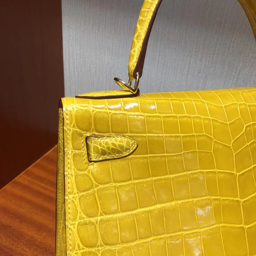 愛馬仕女包凱莉包價格Hermes Kelly 28 9D琥珀黃亮面兩點尼羅鱷魚 金扣