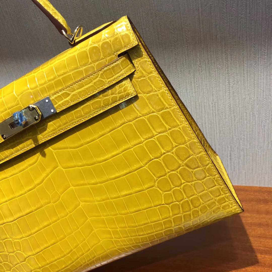 愛馬仕女包凱莉包價格Hermes Kelly 28 9D琥珀黃亮面兩點尼羅鱷魚 金扣