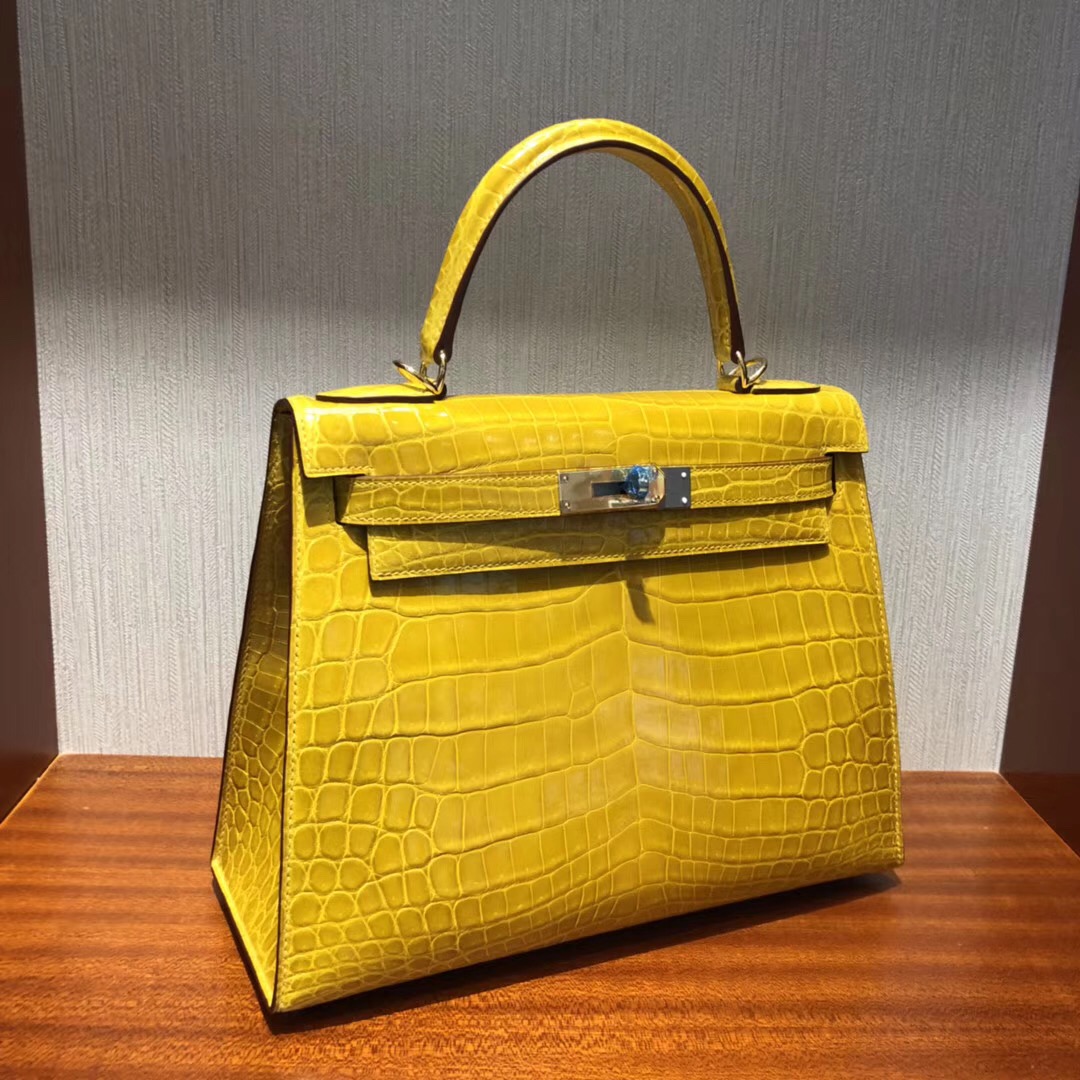 愛馬仕女包凱莉包價格Hermes Kelly 28 9D琥珀黃亮面兩點尼羅鱷魚 金扣