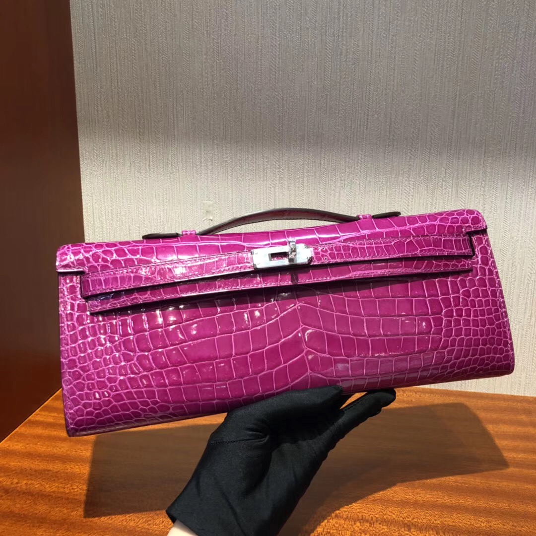 Hermes Kellycut 31cm J5天方夜譚粉紫 亮面倒V 野生灣鱷 完美品相 银扣