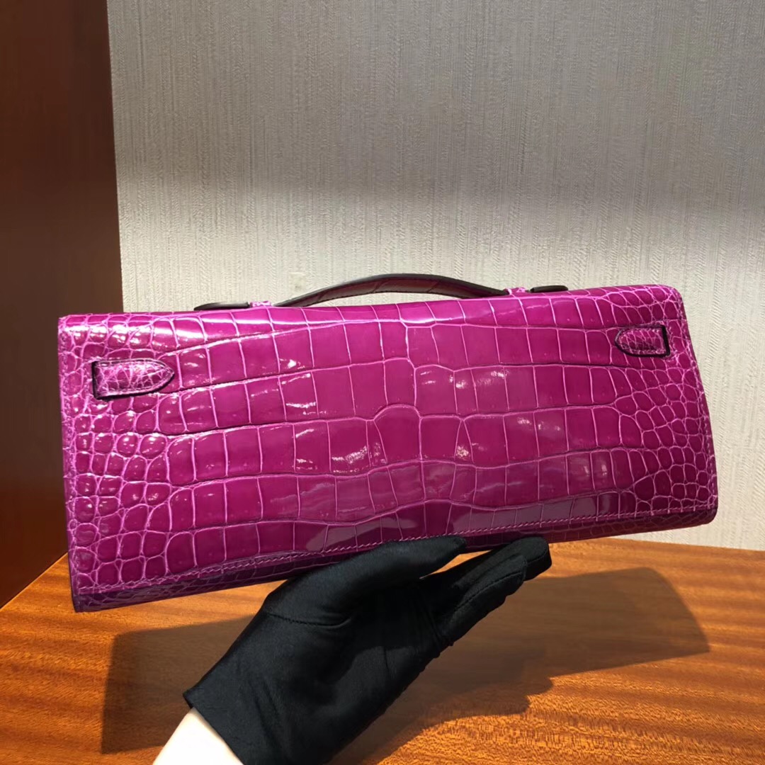 Hermes Kellycut 31cm J5天方夜譚粉紫 亮面倒V 野生灣鱷 完美品相 银扣