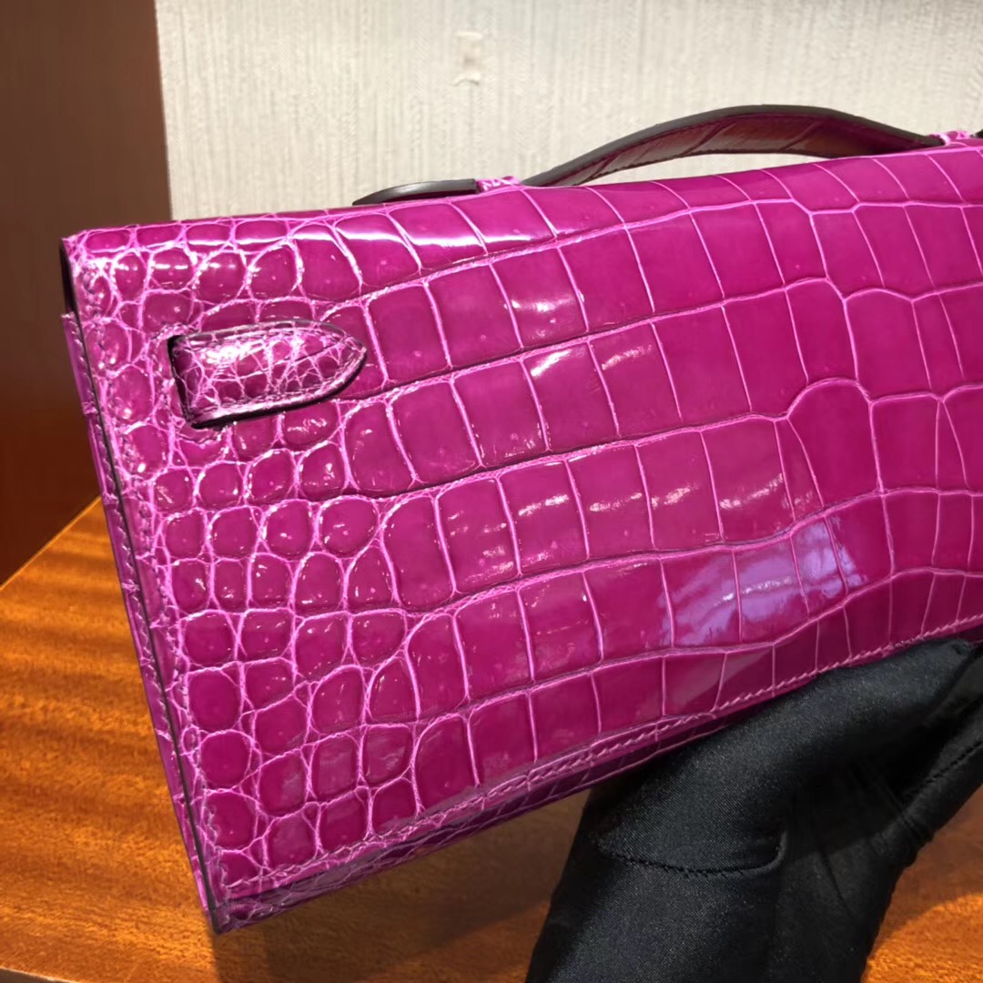 Hermes Kellycut 31cm J5天方夜譚粉紫 亮面倒V 野生灣鱷 完美品相 银扣