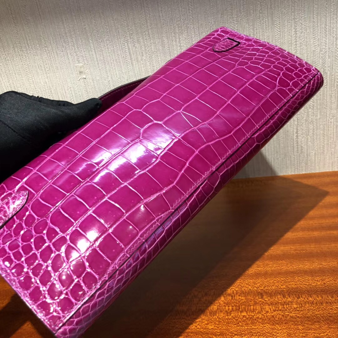 Hermes Kellycut 31cm J5天方夜譚粉紫 亮面倒V 野生灣鱷 完美品相 银扣