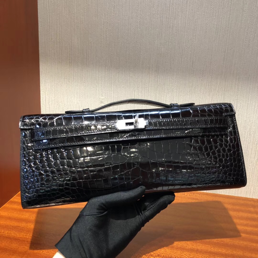 Hermes Kellycut 31cm 亮面倒V 野生灣鱷 CK89黑色 完美品相 银扣