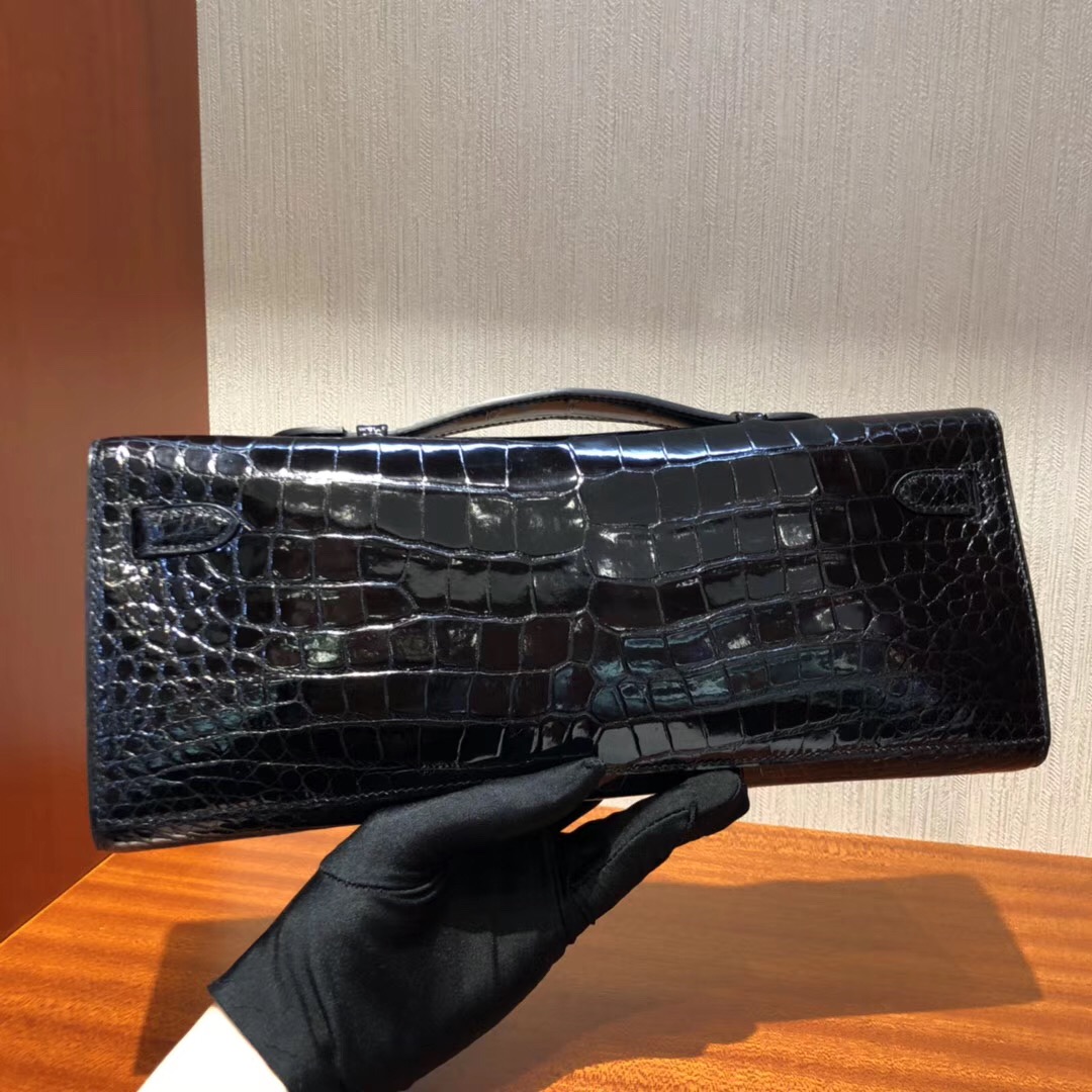 Hermes Kellycut 31cm 亮面倒V 野生灣鱷 CK89黑色 完美品相 银扣