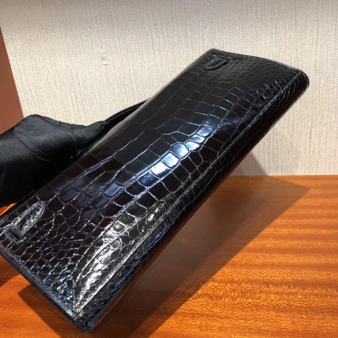 Hermes Kellycut 31cm 亮面倒V 野生灣鱷 CK89黑色 完美品相 银扣