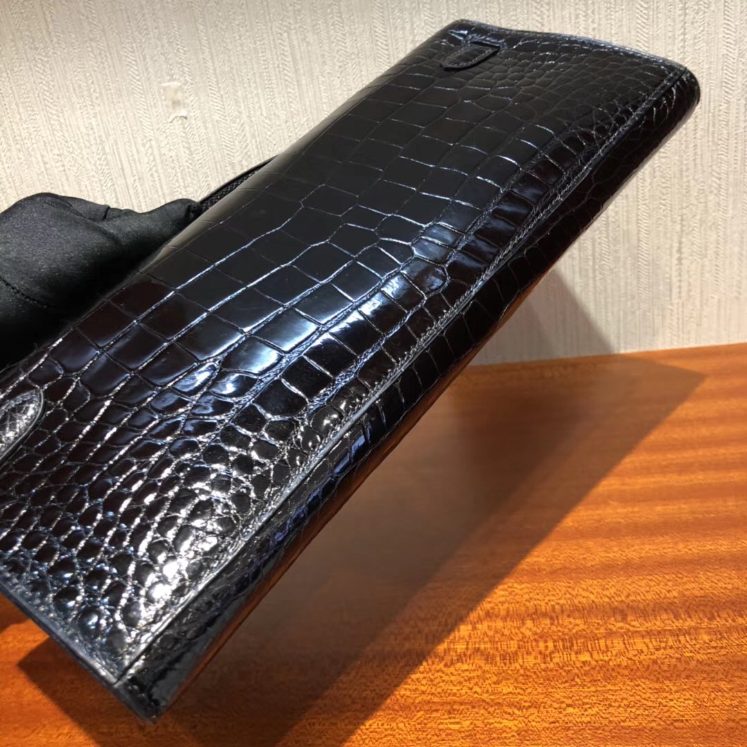 愛馬仕凱莉手拿晚宴包 Hermes Kellycut 31cm 亮面倒V 野生灣鱷 CK89黑色 金扣