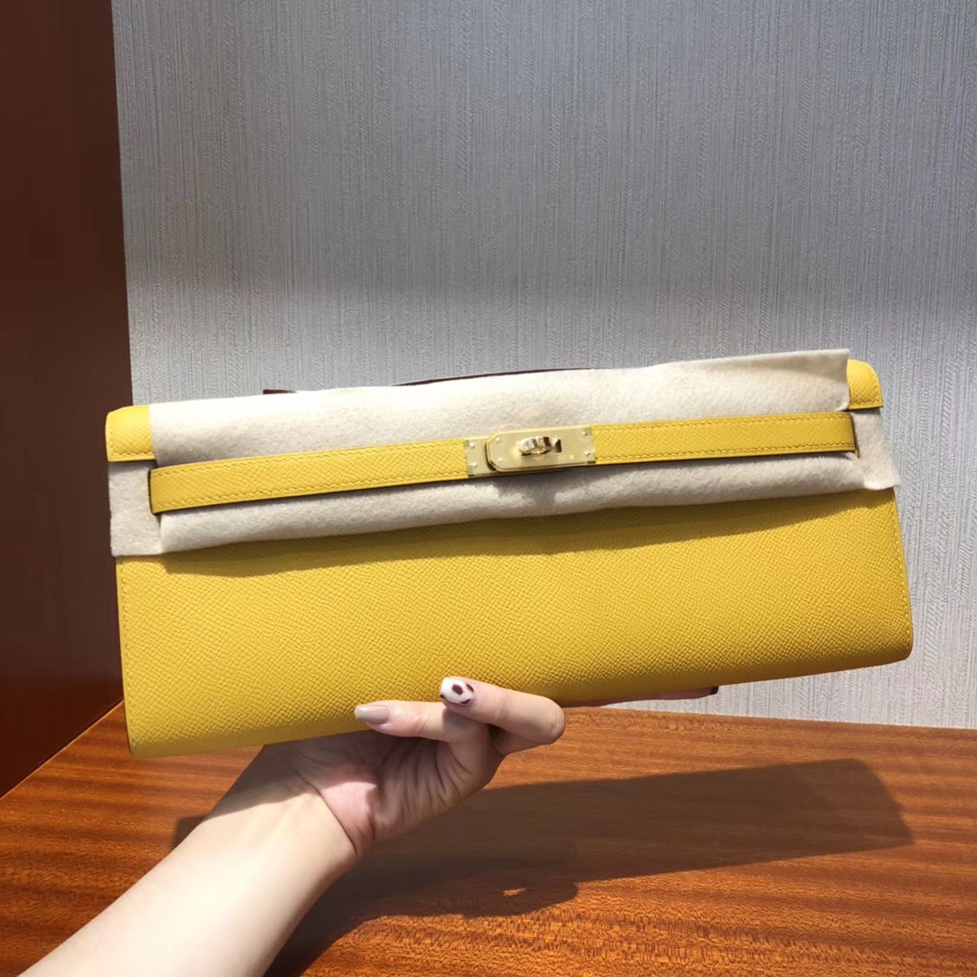 愛馬仕凱莉手拿包 Hermes Kelly Cut31CM Epsom 9D琥珀黃 金扣